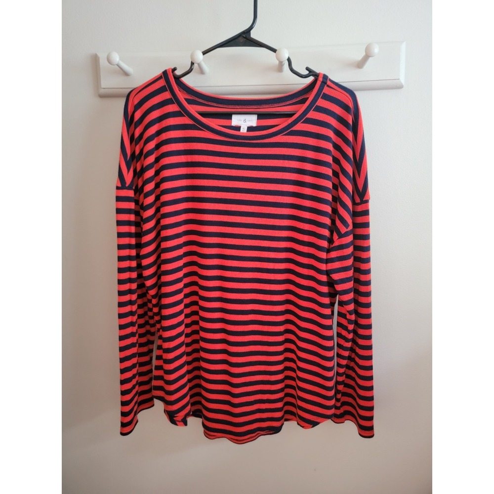 Lou & Grey XL Ribbed Knit Orange Navy Stripe L/S Top Boxy Stretch Pullover GUC